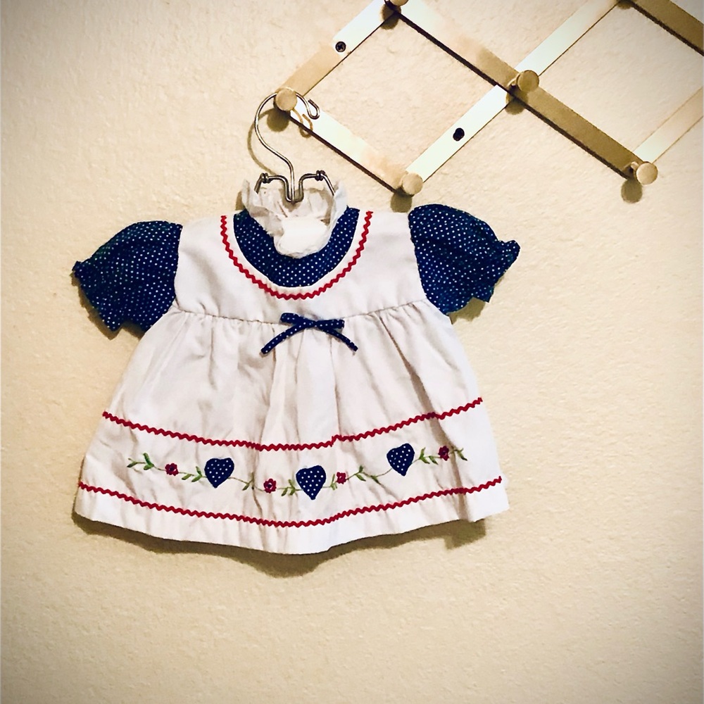 9 Mo. Adorable Vintage Blue and White Polka Dot with Embroidery Dress